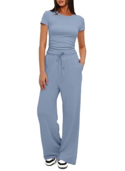 image-2pcs Solid Color Casual Sports Yoga Suit Short-sleeved Top And High-waisted Drawstring Wide-leg Pants Summer Fashion Set For Womens Clothing