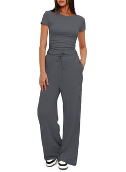 image-2pcs Solid Color Casual Sports Yoga Suit Short-sleeved Top And High-waisted Drawstring Wide-leg Pants Summer Fashion Set For Womens Clothing