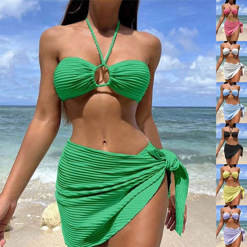 image-3pcs Solid Color Stripe Swimsuit Sexy Summer Beach Bikini Set Womens Clothing