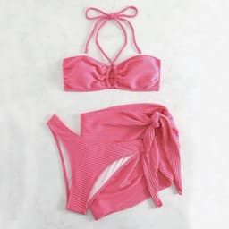 image-3pcs Solid Color Stripe Swimsuit Sexy Summer Beach Bikini Set Womens Clothing