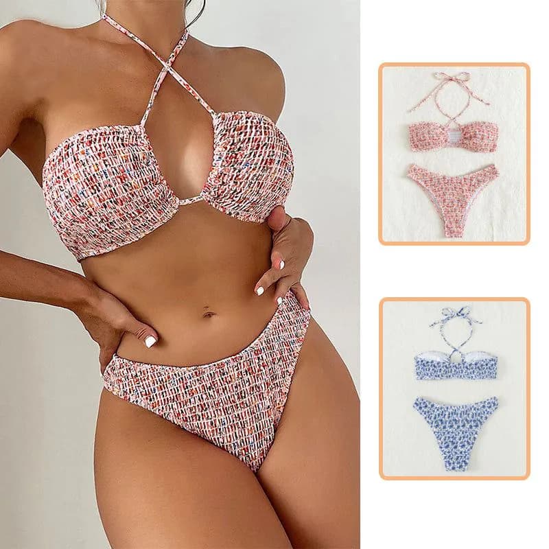image-Summer Flowers Print Pleated Design Bikini Set Beach Fashion Halter Neck Swimsuit Womens Clothing