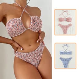 image-Summer Flowers Print Pleated Design Bikini Set Beach Fashion Halter Neck Swimsuit Womens Clothing