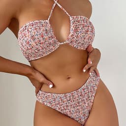 image-Summer Flowers Print Pleated Design Bikini Set Beach Fashion Halter Neck Swimsuit Womens Clothing
