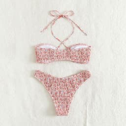 image-Summer Flowers Print Pleated Design Bikini Set Beach Fashion Halter Neck Swimsuit Womens Clothing