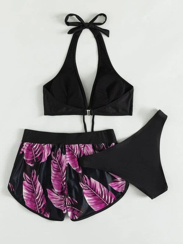 image-3pcs Leaf Print Bikini With Shorts Fashion Summer Beach Swimsuit Womens Clothing
