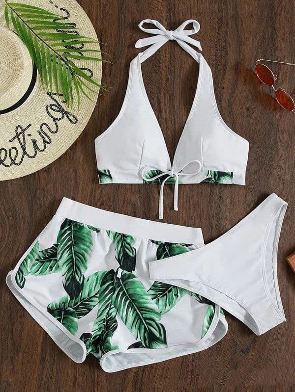 image-3pcs Leaf Print Bikini With Shorts Fashion Summer Beach Swimsuit Womens Clothing