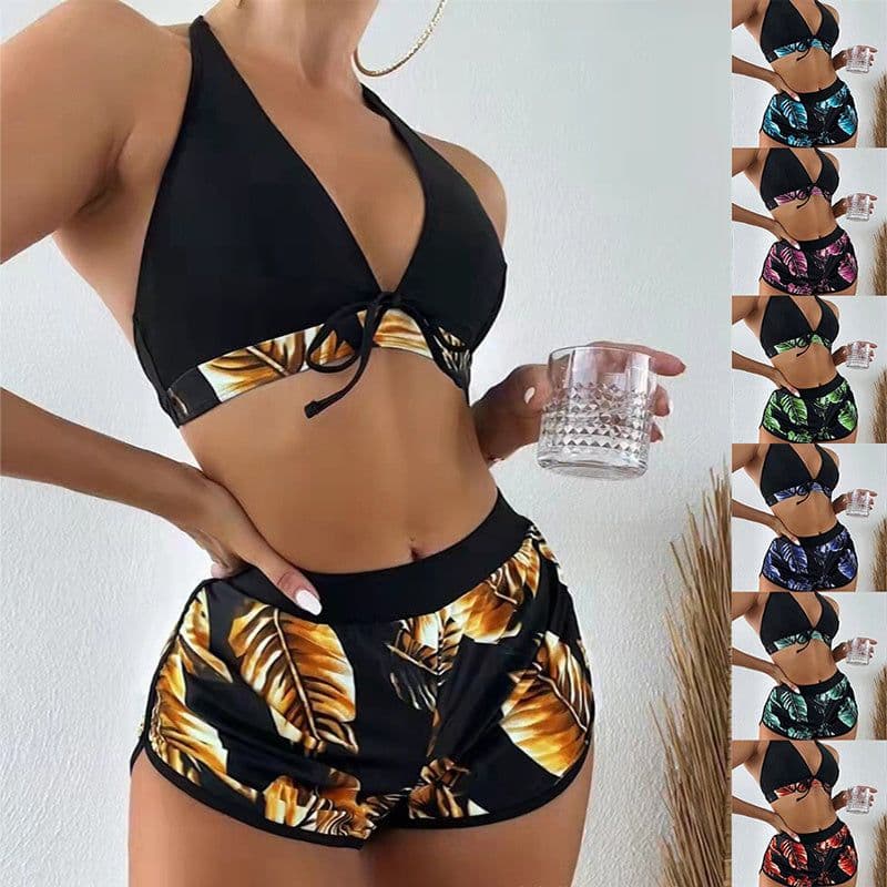 image-3pcs Leaf Print Bikini With Shorts Fashion Summer Beach Swimsuit Womens Clothing