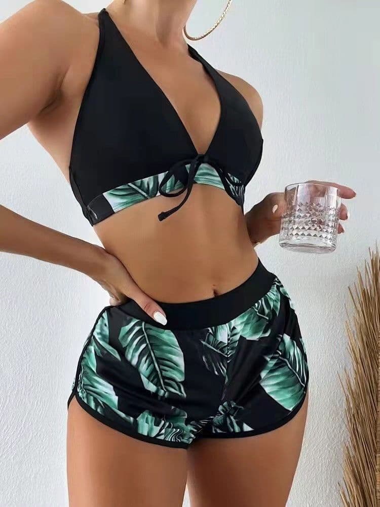 image-3pcs Leaf Print Bikini With Shorts Fashion Summer Beach Swimsuit Womens Clothing