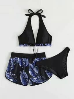 image-3pcs Leaf Print Bikini With Shorts Fashion Summer Beach Swimsuit Womens Clothing