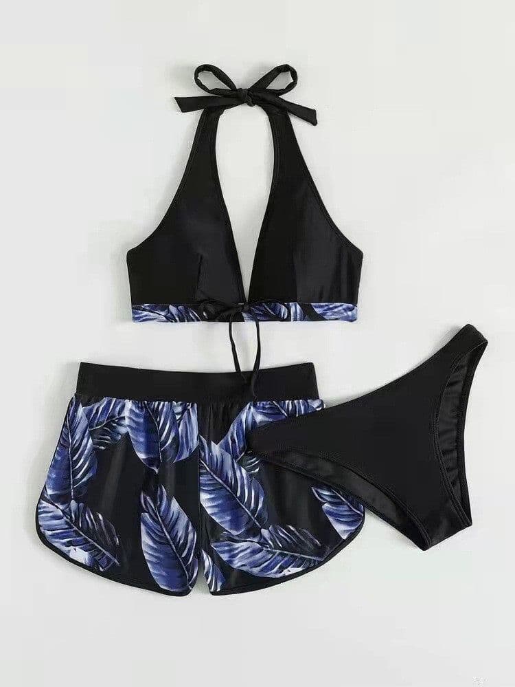 image-3pcs Leaf Print Bikini With Shorts Fashion Summer Beach Swimsuit Womens Clothing