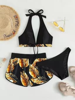 image-3pcs Leaf Print Bikini With Shorts Fashion Summer Beach Swimsuit Womens Clothing
