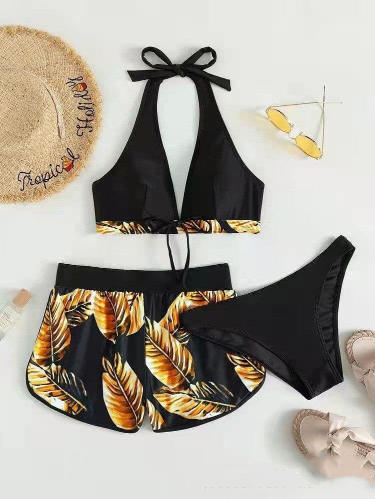 image-3pcs Leaf Print Bikini With Shorts Fashion Summer Beach Swimsuit Womens Clothing