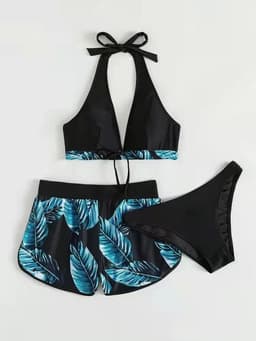 image-3pcs Leaf Print Bikini With Shorts Fashion Summer Beach Swimsuit Womens Clothing