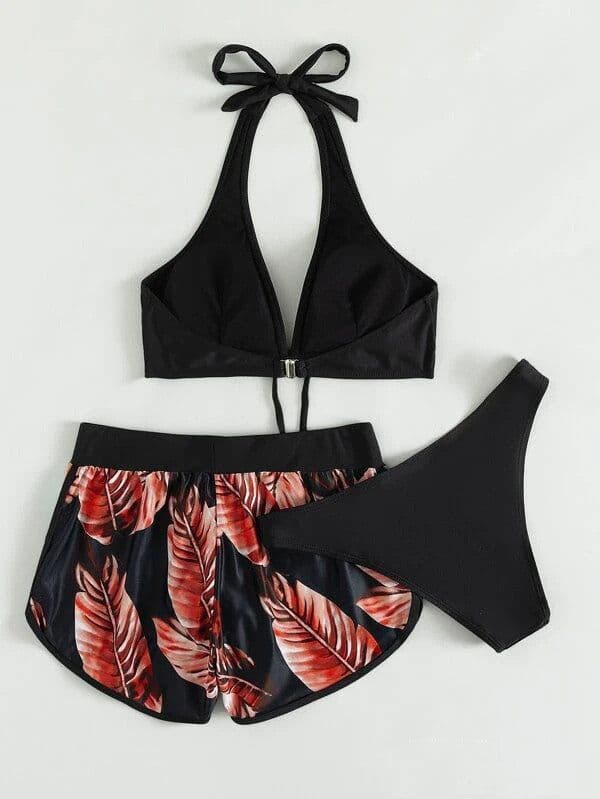 image-3pcs Leaf Print Bikini With Shorts Fashion Summer Beach Swimsuit Womens Clothing