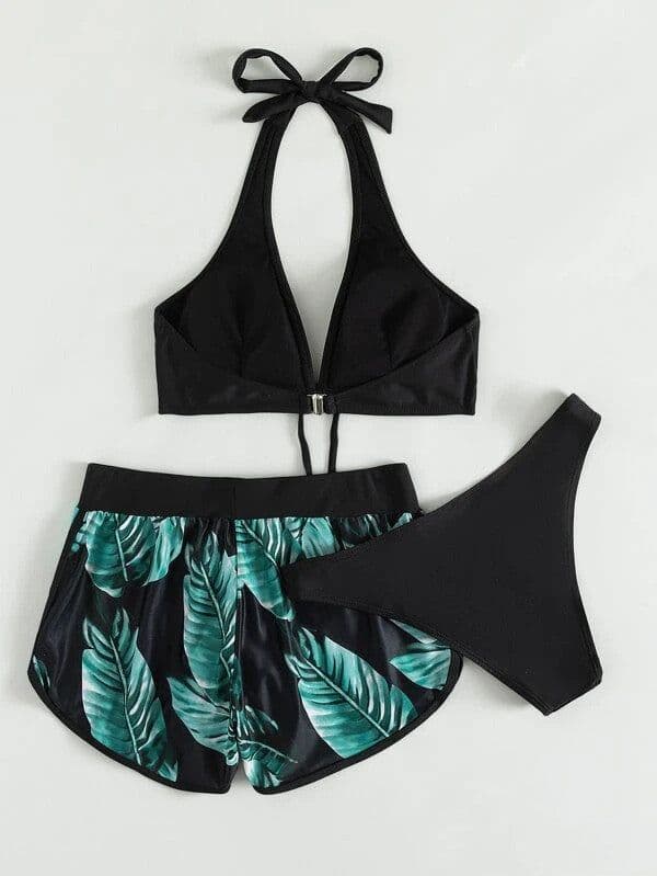 image-3pcs Leaf Print Bikini With Shorts Fashion Summer Beach Swimsuit Womens Clothing