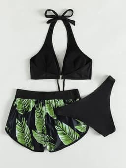 image-3pcs Leaf Print Bikini With Shorts Fashion Summer Beach Swimsuit Womens Clothing