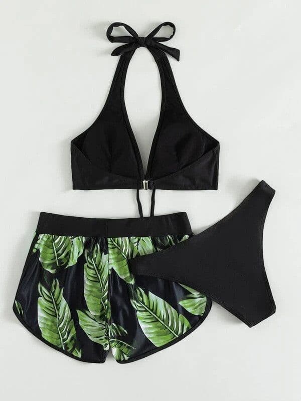 image-3pcs Leaf Print Bikini With Shorts Fashion Summer Beach Swimsuit Womens Clothing