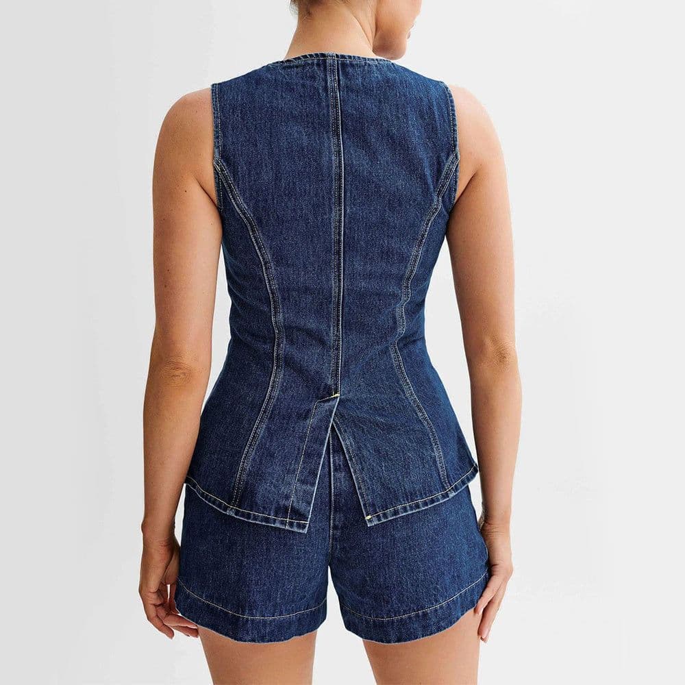 image-Fashion Denim Suit Summer Casual Sleeveless Button Vest Top And High Waist Shorts Set For Womens Clothing