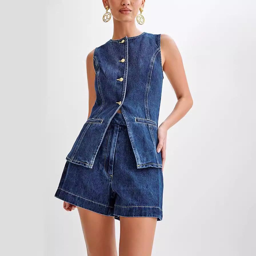 image-Fashion Denim Suit Summer Casual Sleeveless Button Vest Top And High Waist Shorts Set For Womens Clothing