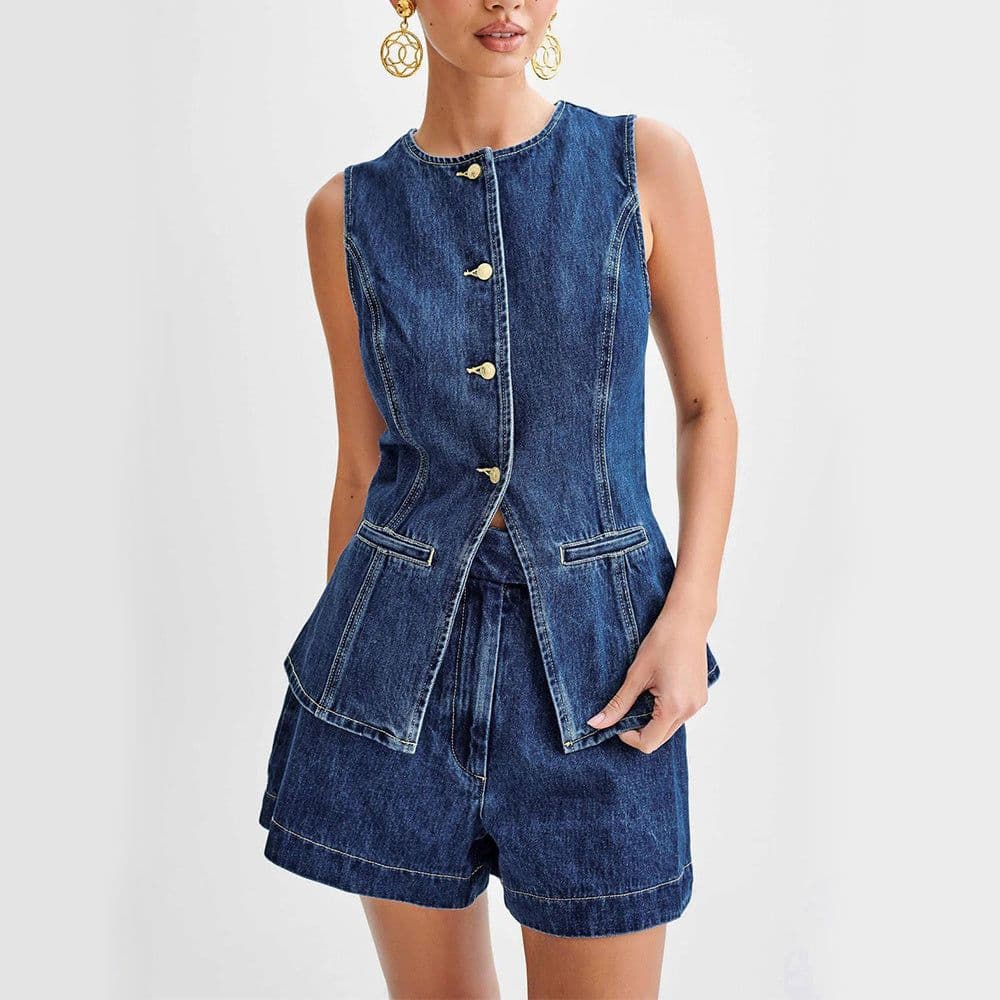 image-Fashion Denim Suit Summer Casual Sleeveless Button Vest Top And High Waist Shorts Set For Womens Clothing