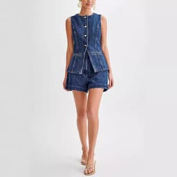 image-Fashion Denim Suit Summer Casual Sleeveless Button Vest Top And High Waist Shorts Set For Womens Clothing