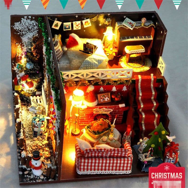 image-Diy Christmas Cottages Miniature House Christmas Decorations for Home Wood Lighting Diy Dollhouse Christmas Toys Gift Brinquedos