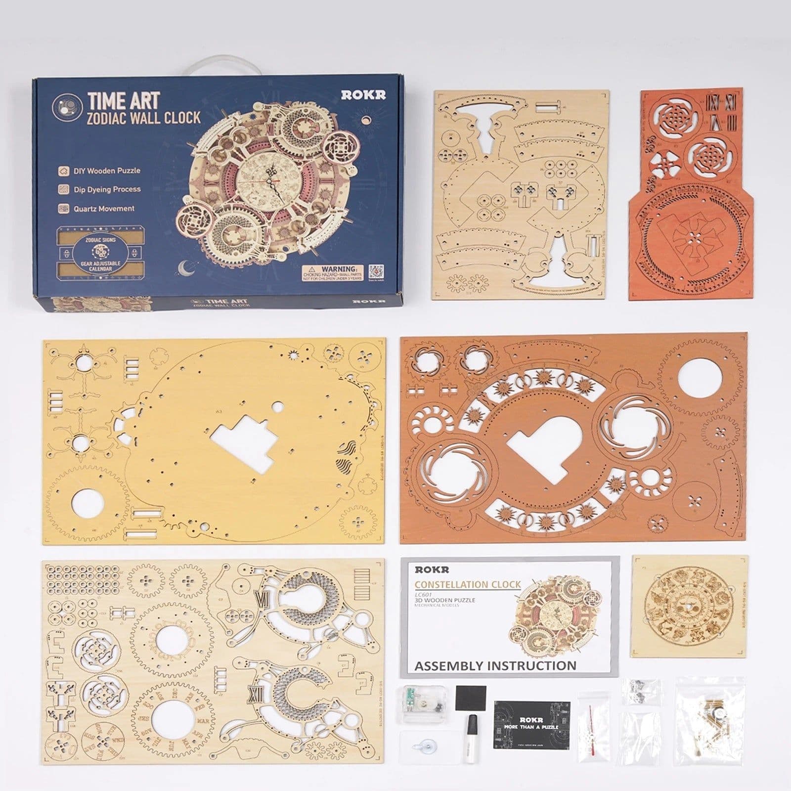 image-Robotime ROKR Zodiac Wall Clock 3D Wooden Puzzle Model Assembly Toys Gifts for Children Kids Teens LC601 Support Dropshipping
