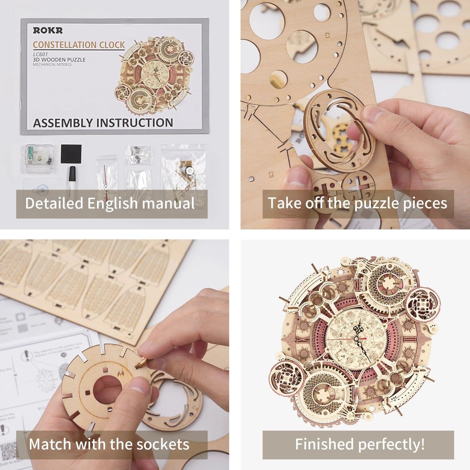 image-Robotime ROKR Zodiac Wall Clock 3D Wooden Puzzle Model Assembly Toys Gifts for Children Kids Teens LC601 Support Dropshipping
