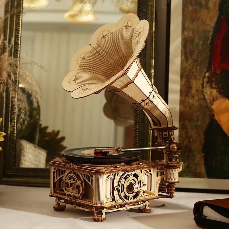image-Robotime ROKR DIY Hand Crank Classic Gramophone Wooden Puzzle Model Building Kits Assembly Toy Gift For Children LKB01