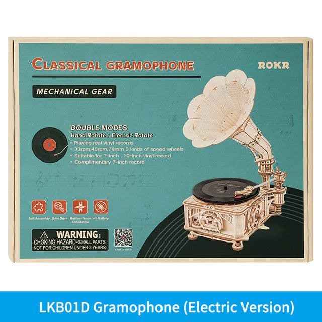 image-Robotime ROKR DIY Hand Crank Classic Gramophone Wooden Puzzle Model Building Kits Assembly Toy Gift For Children LKB01