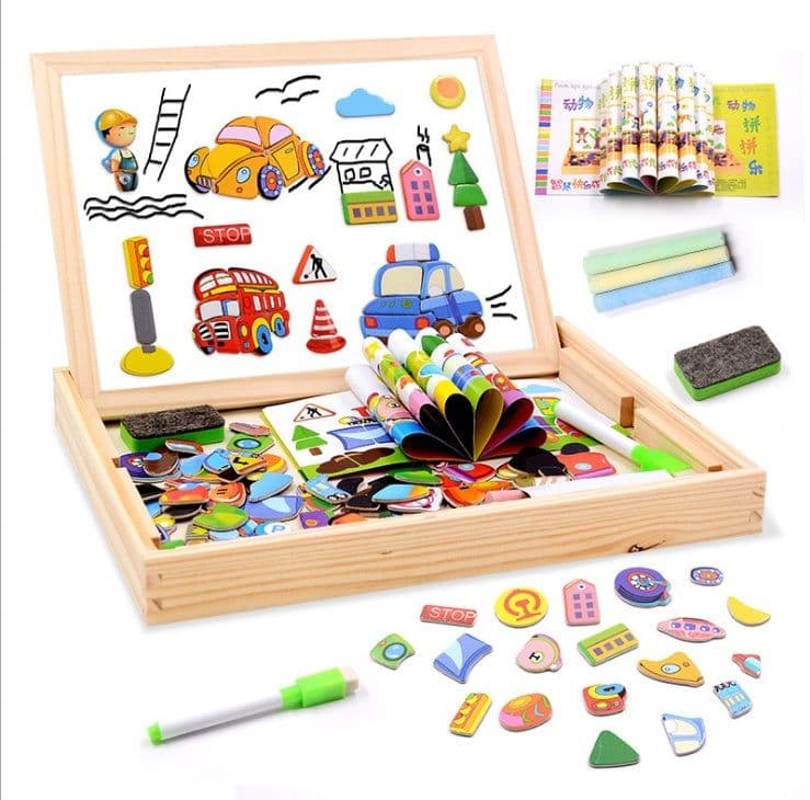 image-Magnetic spelling children's double-sided drawing board multi-function wooden jigsaw puzzle writing board educational toys