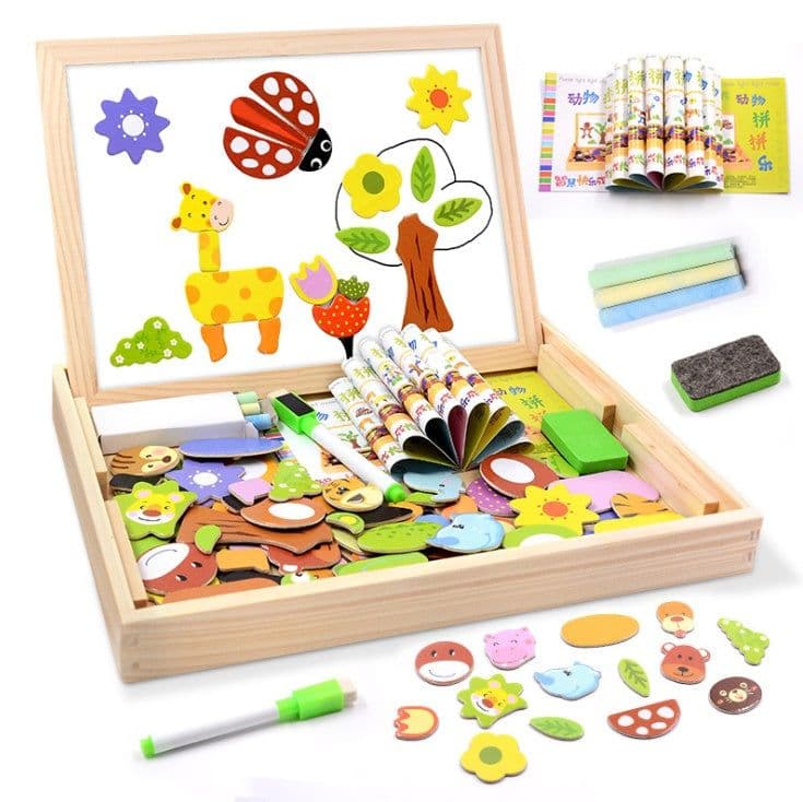 image-Magnetic spelling children's double-sided drawing board multi-function wooden jigsaw puzzle writing board educational toys