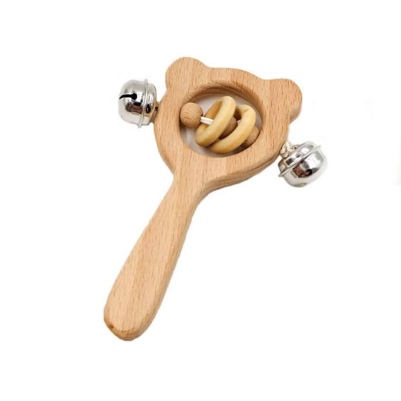 image-Baby wooden toy Elm handle rattle No paint safety Bite bite