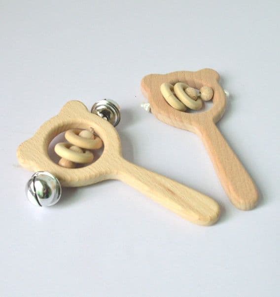 image-Baby wooden toy Elm handle rattle No paint safety Bite bite