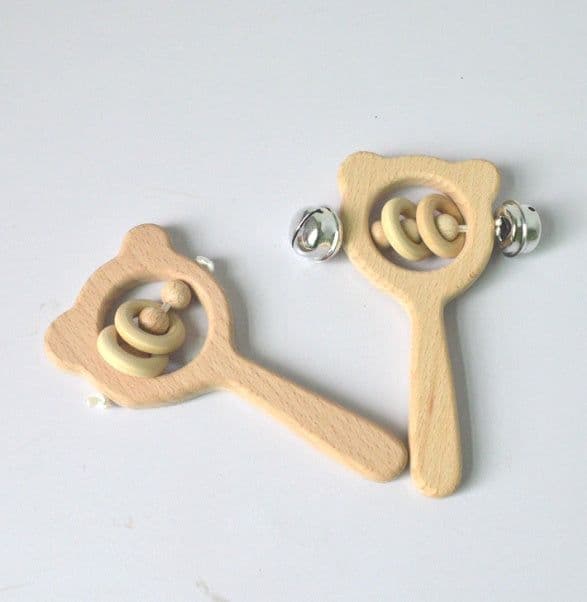 image-Baby wooden toy Elm handle rattle No paint safety Bite bite