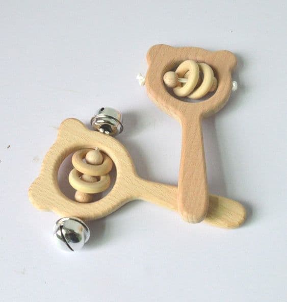 image-Baby wooden toy Elm handle rattle No paint safety Bite bite