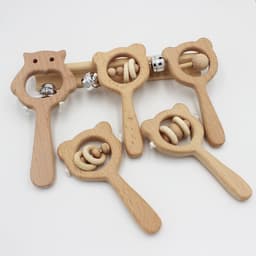 image-Baby wooden toy Elm handle rattle No paint safety Bite bite