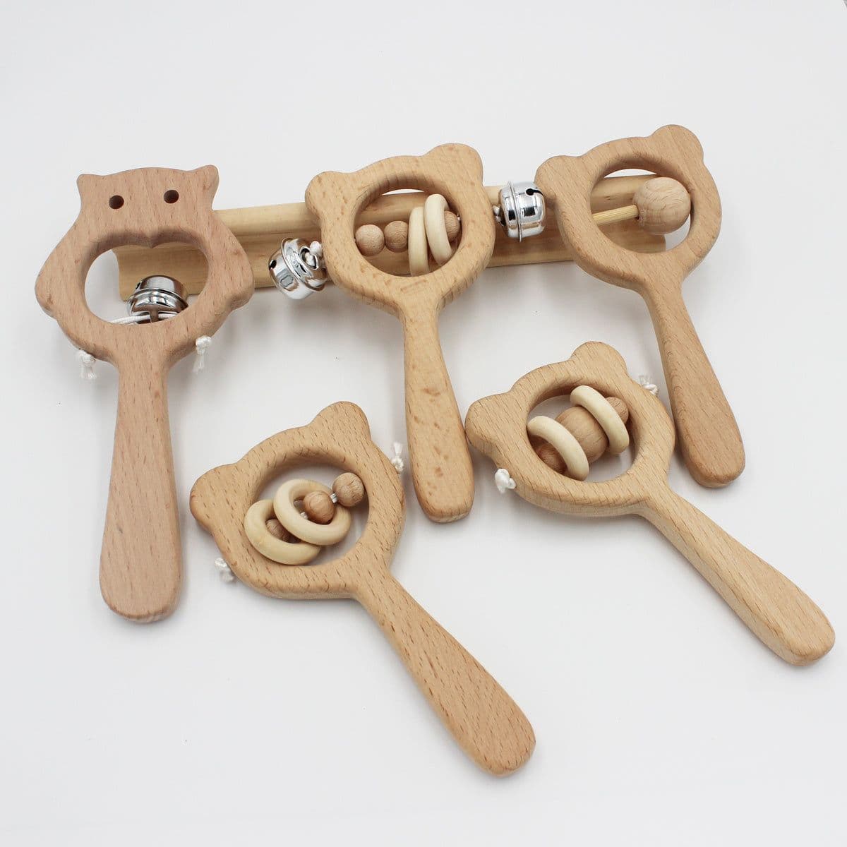 image-Baby wooden toy Elm handle rattle No paint safety Bite bite