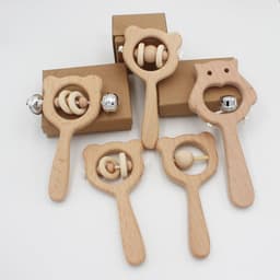 image-Baby wooden toy Elm handle rattle No paint safety Bite bite
