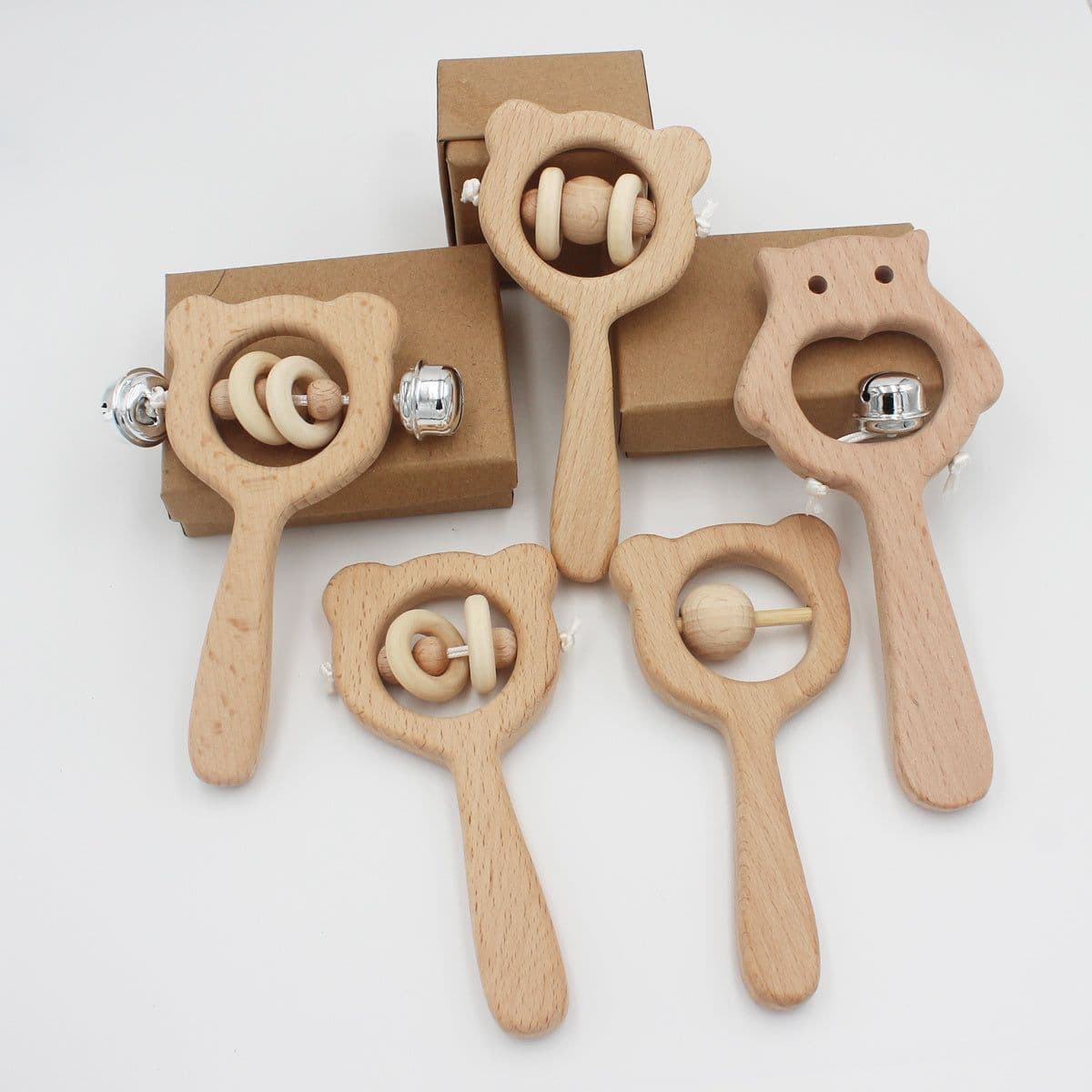image-Baby wooden toy Elm handle rattle No paint safety Bite bite
