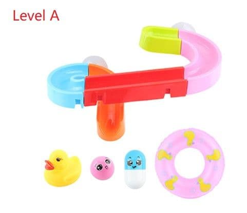 image-Baby water track assembling slides bathing bath toys Drifting wheel and Baby soft glue pinch ball