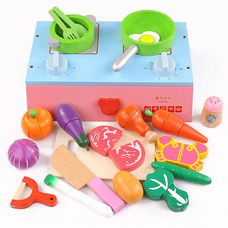 image-The kitchen gas stove cooking simulation wooden children play as early magnetic puzzle toy