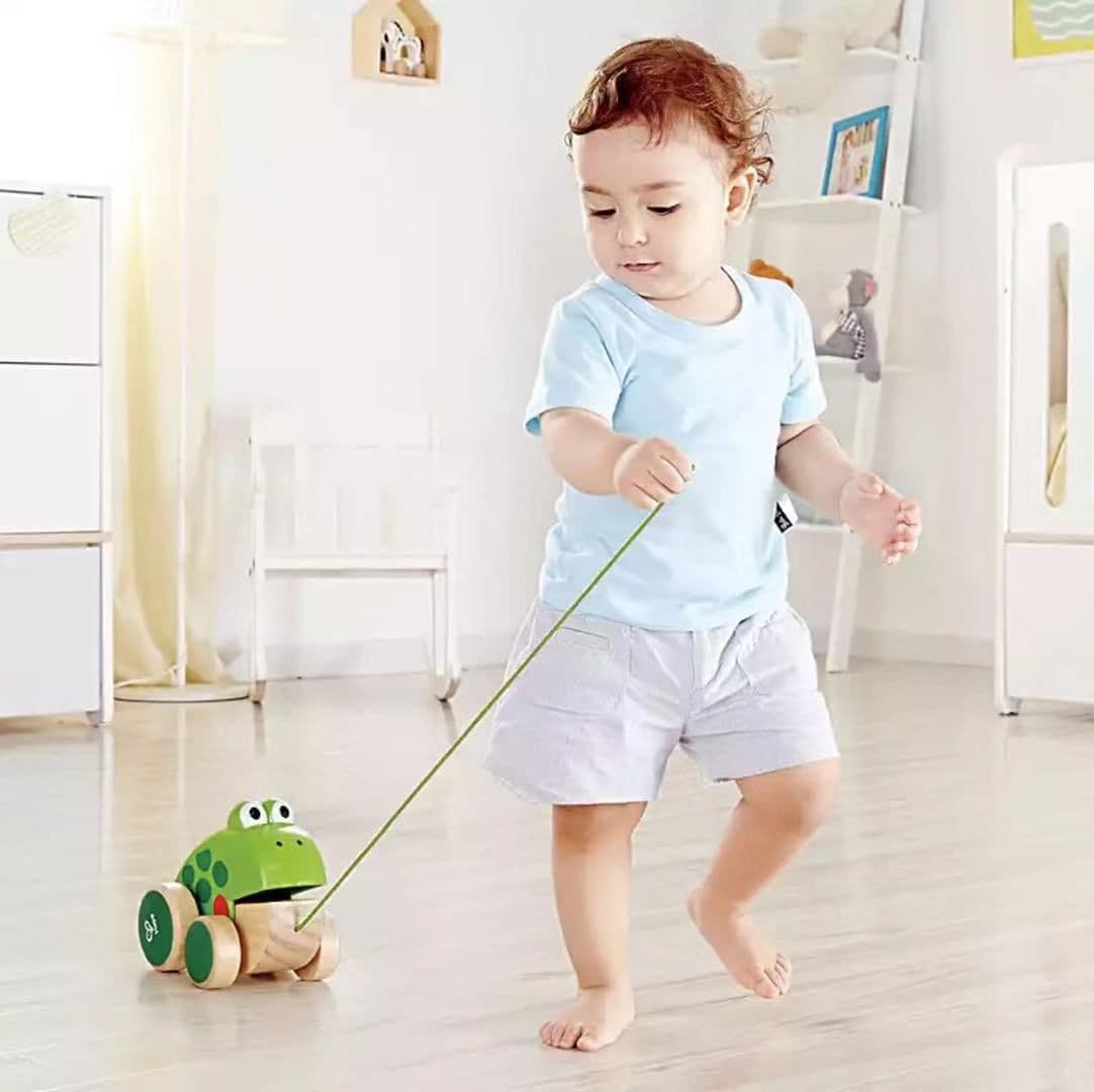 image-Frog dragging toddler hand-drawn toys