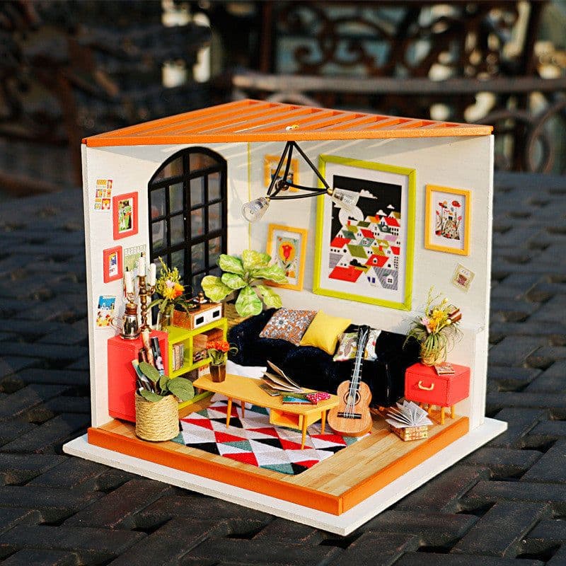 image-Sitting Room with Furniture Children Adult Miniature Wooden Doll House Model Building Kits Dollhouse