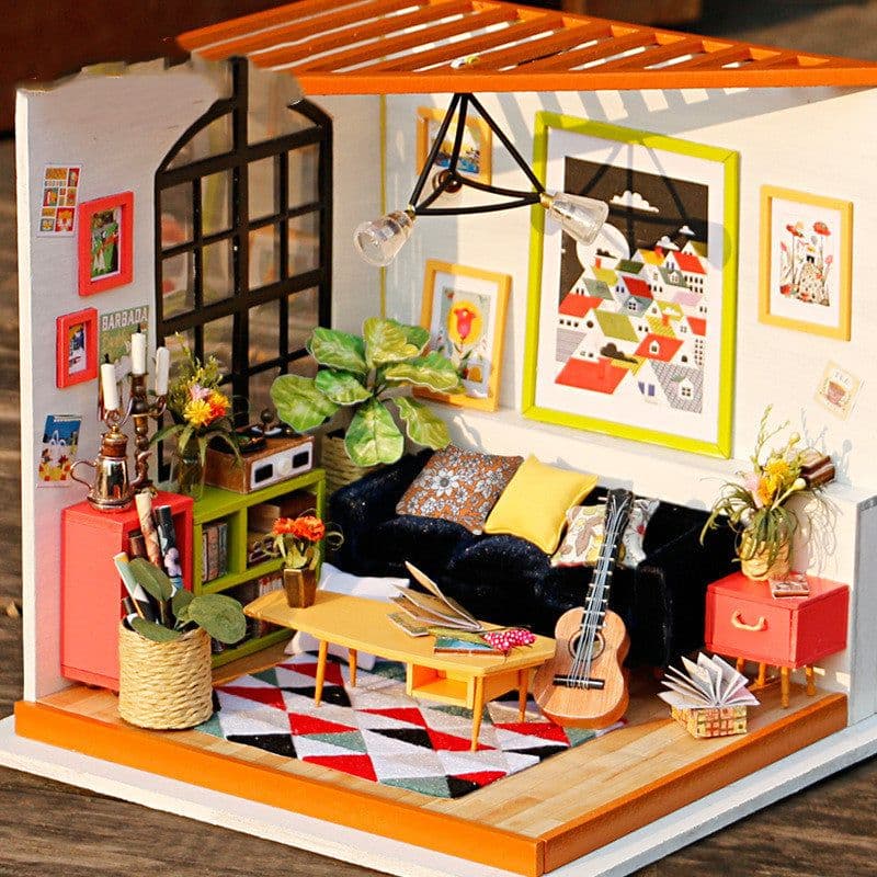 image-Sitting Room with Furniture Children Adult Miniature Wooden Doll House Model Building Kits Dollhouse