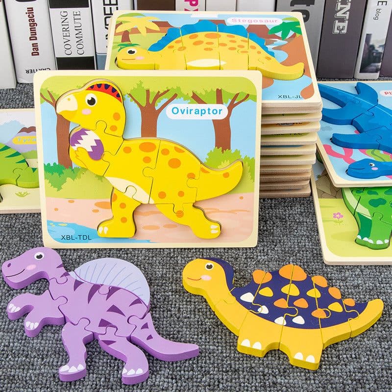 image-Baby Wooden Cartoon Dinosaur 3D Puzzle Jigsaw for Kids Montessori Early Learning Educational Puzzle Toys