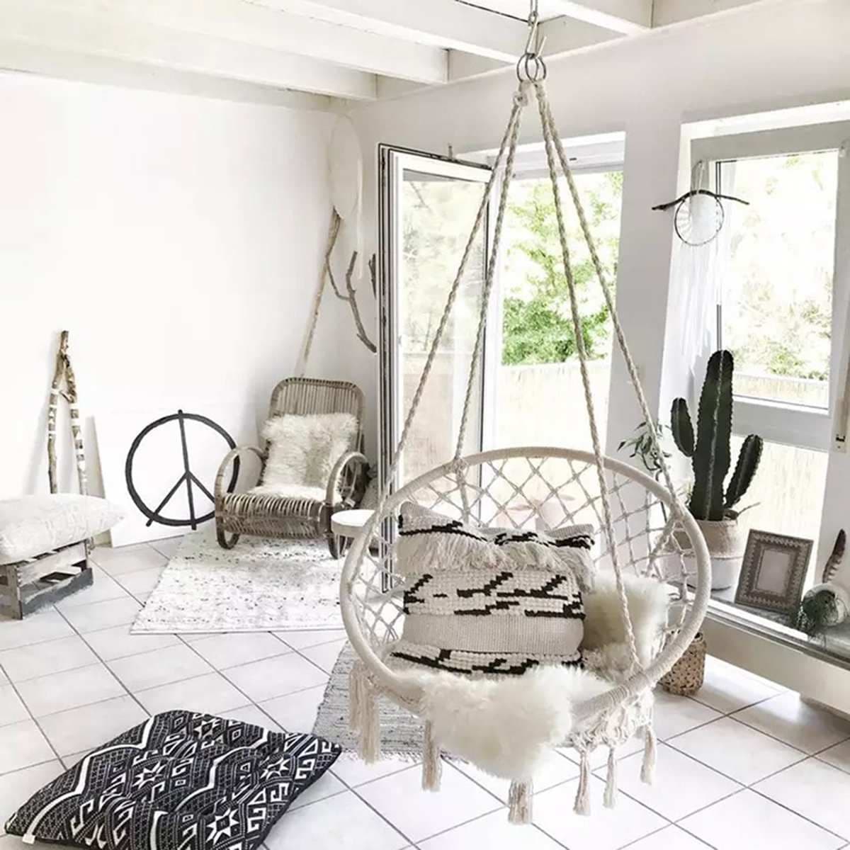 image-Nordic Style Round Hammock Outdoor Indoor Dormitory Bedroom Hanging Chair For Child Adult Swinging Single Safety Hammock