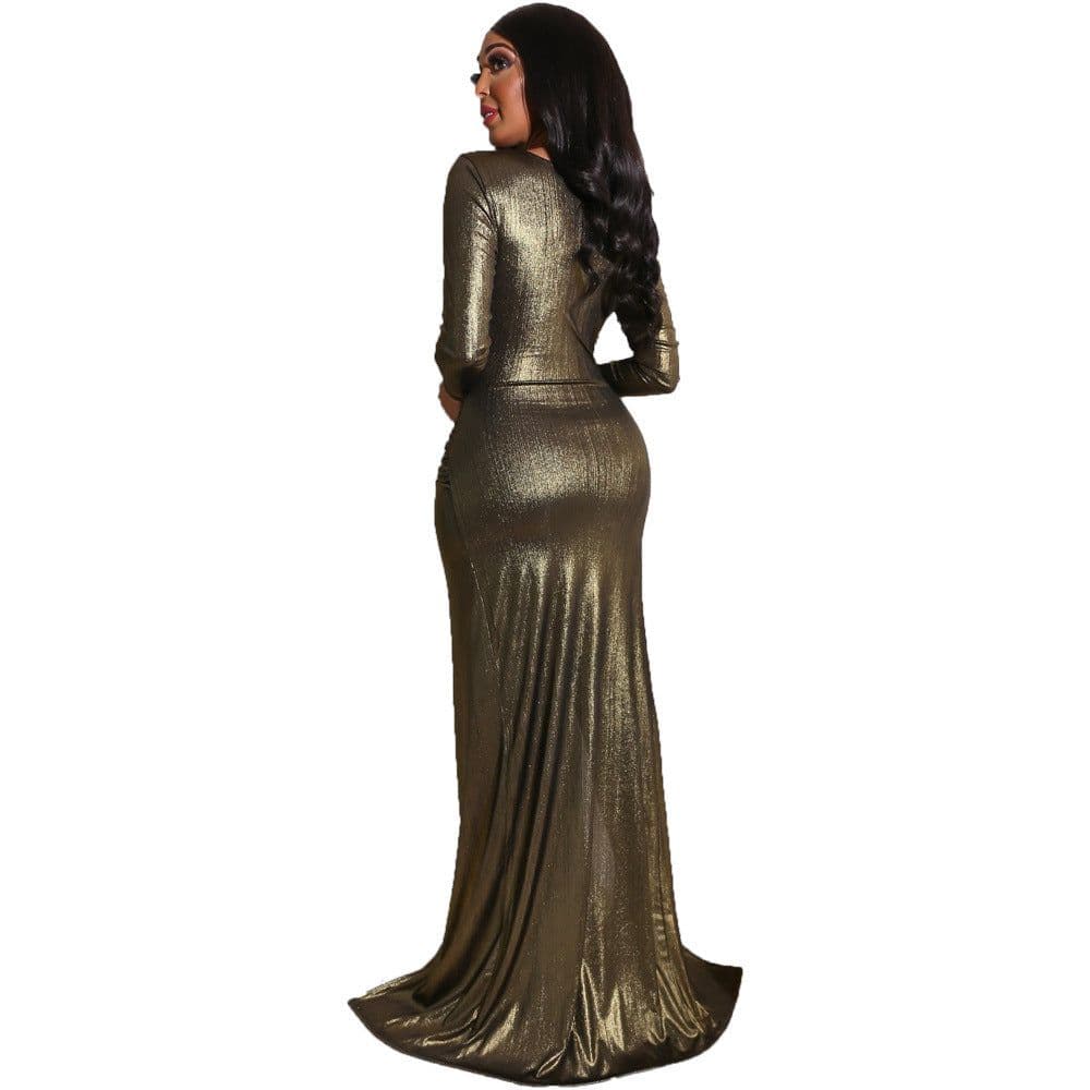 image-Long Sleeve Sexy Pit Strip Hot Stamping Irregular Long Dress
