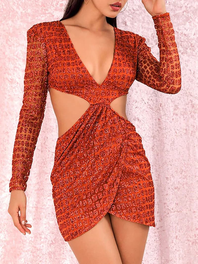 image-Long Sleeve Mini Skirt Orange Deep V-neck Hot Piece Party Dress