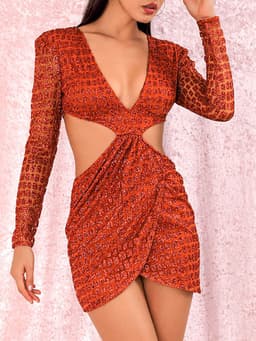 image-Long Sleeve Mini Skirt Orange Deep V-neck Hot Piece Party Dress